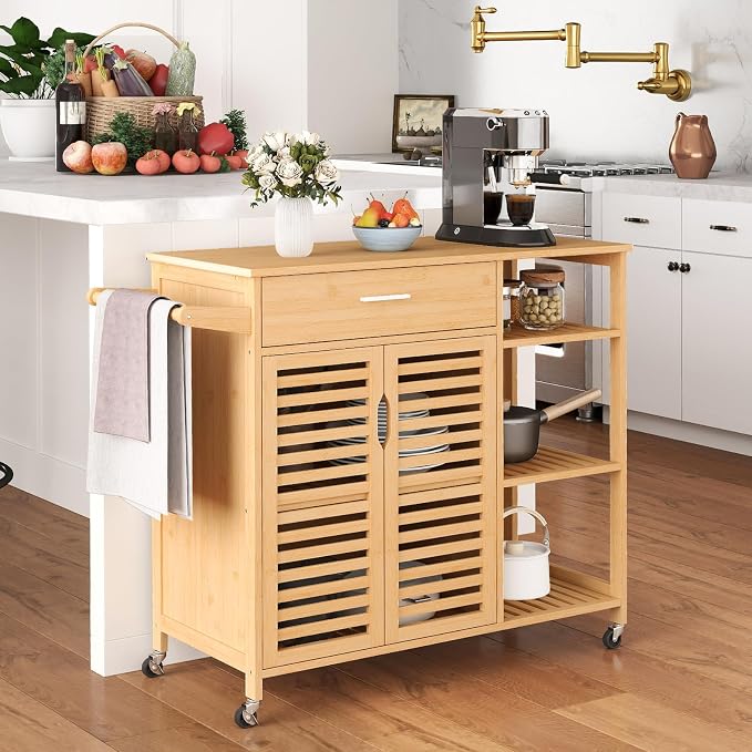 Giantex Bamboo Kitchen Island Cart, Mobile Serving Cart - Image 9