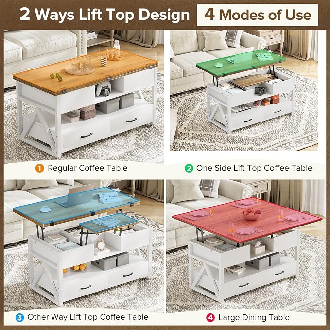 Memobarco 40" Lift Top Coffee Table, 4 in 1 Multi-Function Lift Coffee Tables - Image 3