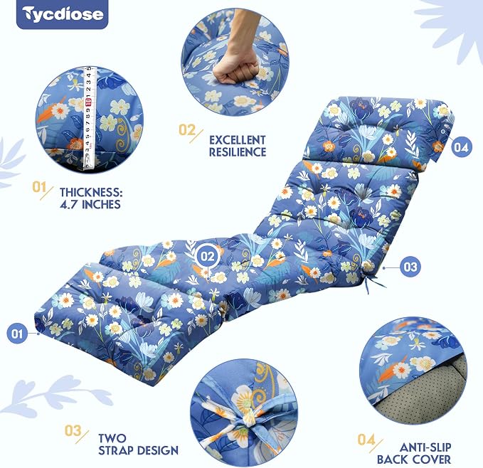Outdoor Chaise Lounge Chair Cushion Set of 4, Waterproof 74.4 x 22 x 4.7 Inches - Image 5