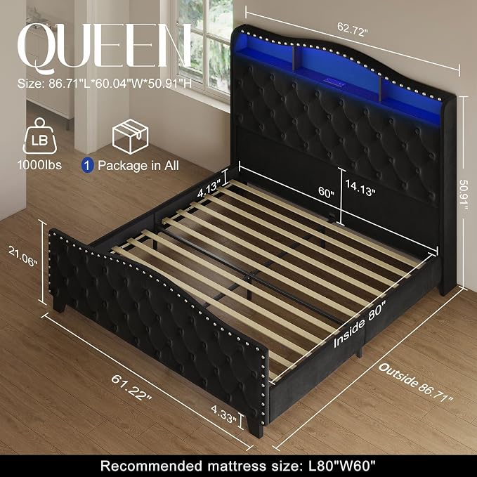Belffin Queen Size Bed Frame and Headboard, 50.9" Velvet Upholstered Wingback - Image 2