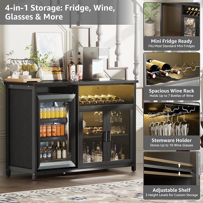 Wine Bar Cabinet with Mini Fridge Space, Sideboard Buffet Table - Image 3