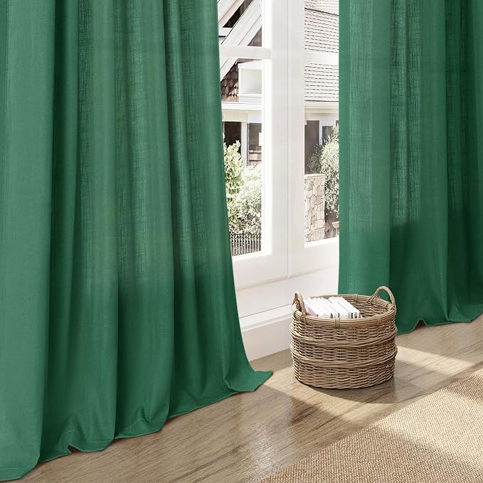 Dark Green Linen Curtains 96 Inches Long 2 Panels Set - Image 6