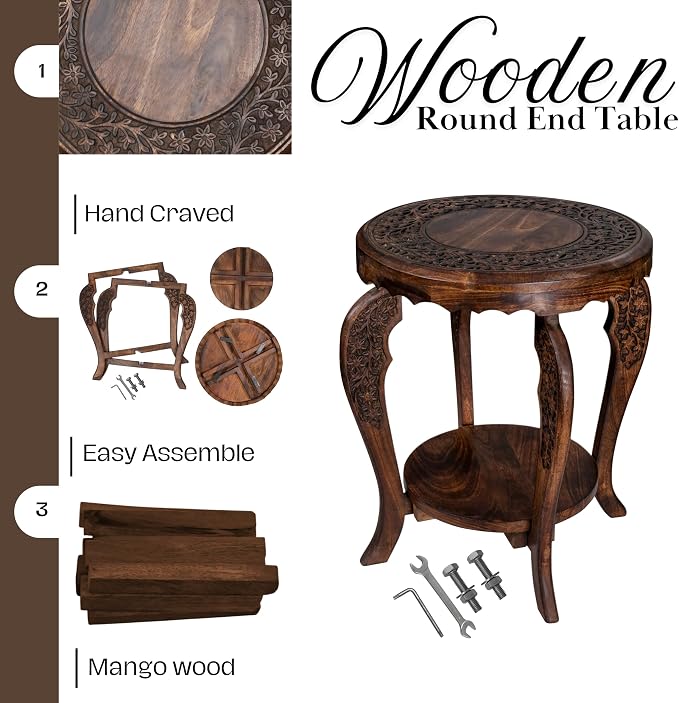 Farmhouse Round Accent End Table, Rustic Side Table Nightstands - Image 4