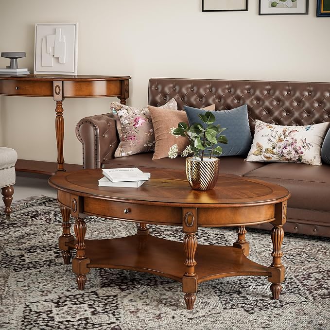 Traditional Solid Wood Oval Coffee Table, 45” x 18” Center Table - Image 8