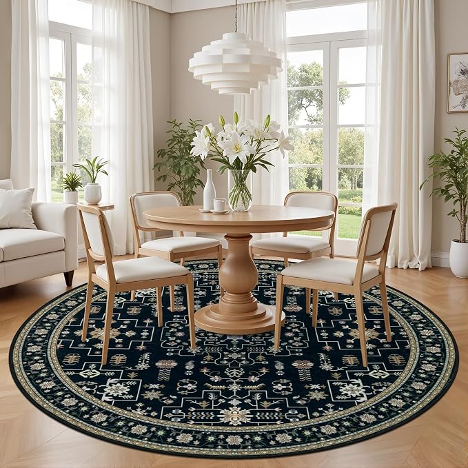 Round Area Rug for Living Room: 6ft Washable Rug for Bedroom Black | Vintage - Image 3