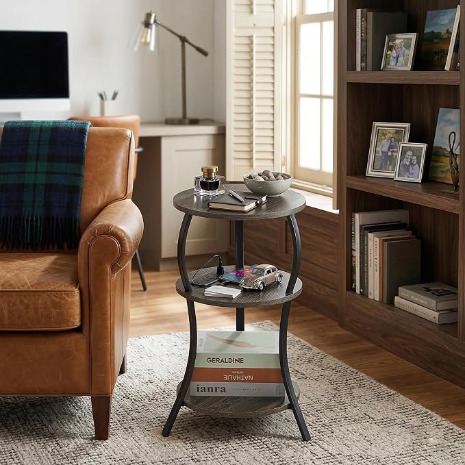 Small Round Side Table with Charging Station, 3-Tier Waist Circular End Table - Image 7