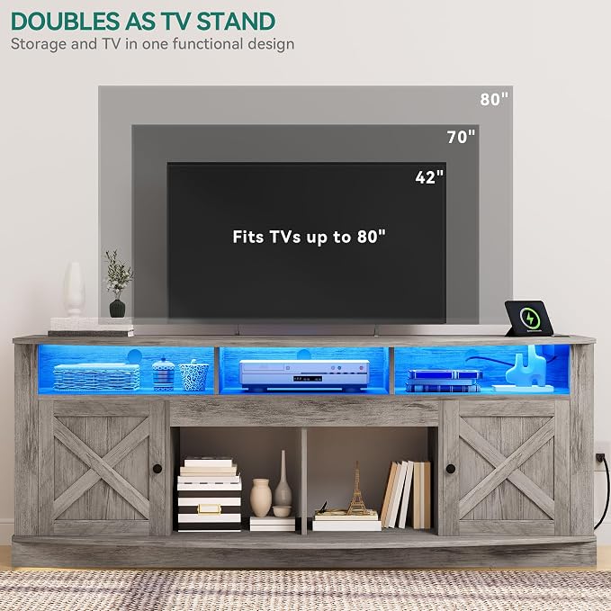 YITAHOME TV Stand for 75/80 Inch TV, Light Rustic Grey Entertainment Center 70 - Image 7