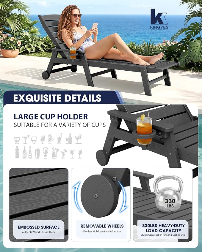 KINGYES HDPE Lounge Chair Outdoor, Patio Chaise Lounge Recliner - Image 5