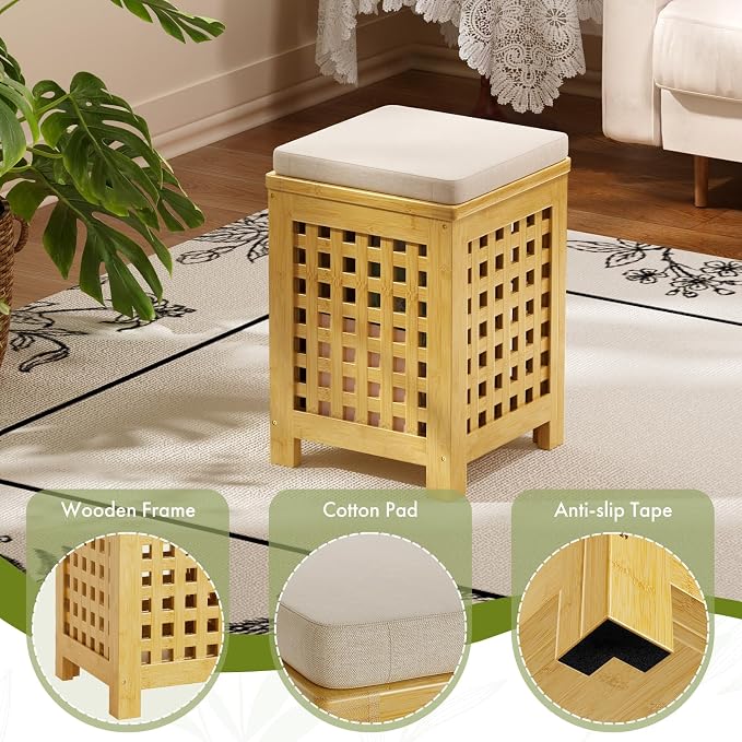 Bamboo End Table with Removable Cushion and Hidden Storage, 2-in-1 Ottoman Side - Image 5