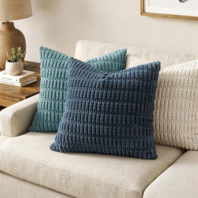 MIULEE Corduroy Decorative Throw Pillow Covers 18x18 Blue Pack of 2 | Soft Boho - Image 2