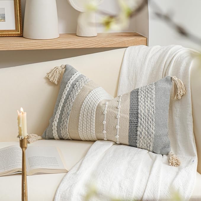 Decorative Lumbar Throw Pillow Cover 12x20 Boho Gray Accent Cushion - Image 8