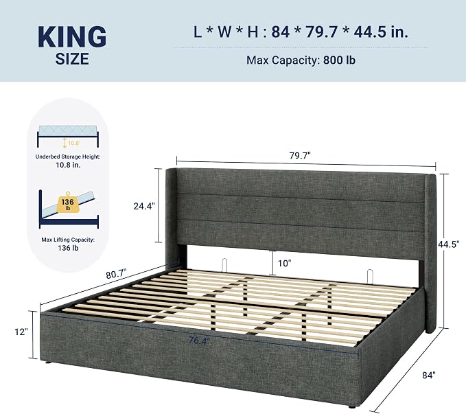 Allewie King Size Lift Up Storage Bed, Modern Wingback Headboard, Hydraulic - Image 2