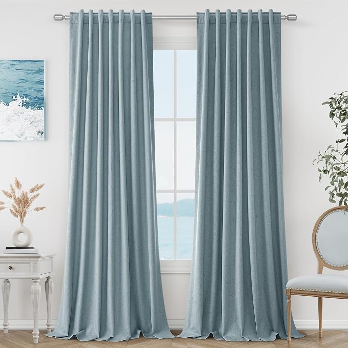 Blue 100% Blackout Linen Curtains 84 Inch Length 2 Panels Set by Guken