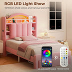 Twin LED Bed Frame with Storage Headboard & 2 Storage Drawers, Princess Velvet - Image 7
