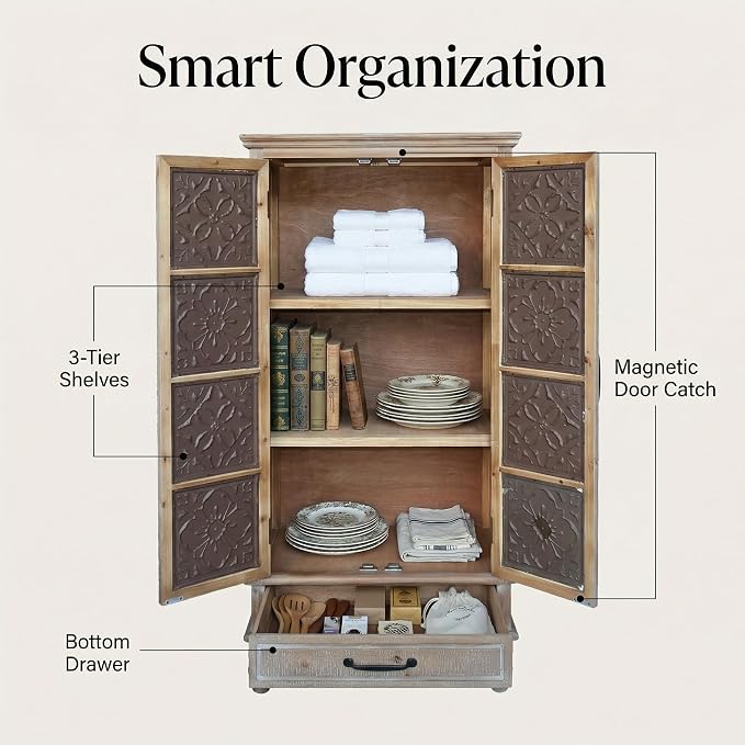 LKTART 55" Tall Vintage Sideboards Carved Wood Buffet Cabinet, Farmhouse Pantry - Image 3