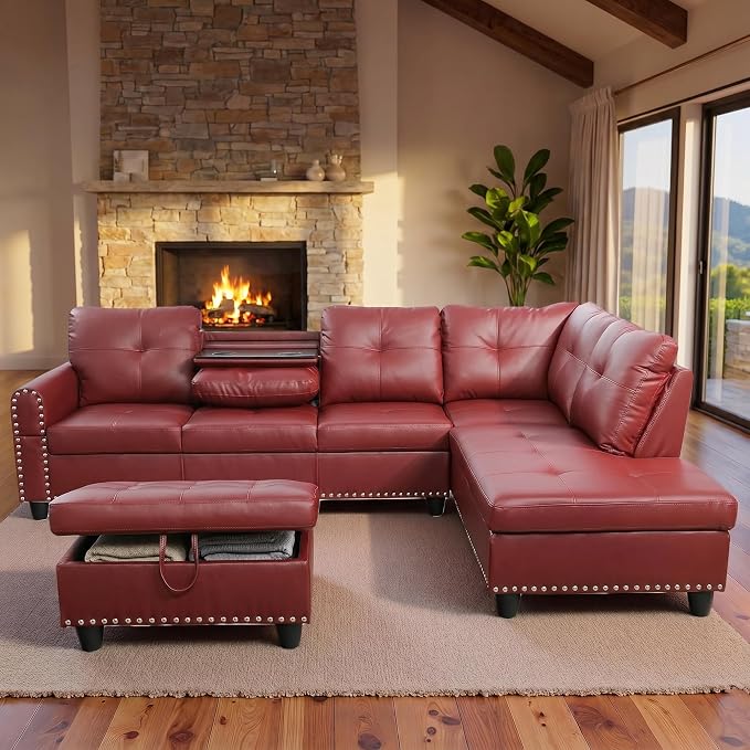 97.5" Red L Shaped Couch Set Leather, Modular Sectional Couches by Topcomfy