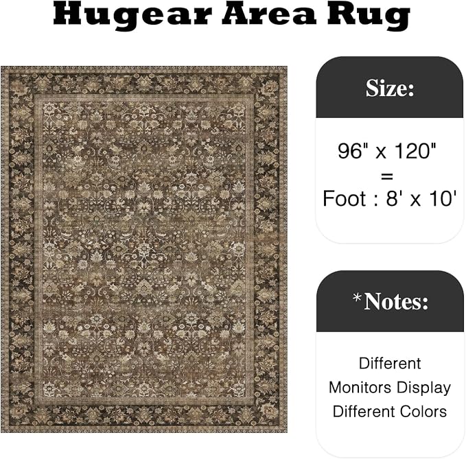 8x10 Brown Vintage Floral Washable Area Rug - Image 2