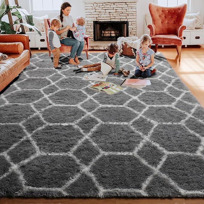 Area Rugs for Living Room, 5x8 Fluffy Grey and White Bedroom Geometric Rug | - Image 7