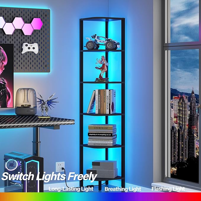 TUTOTAK Corner Shelf with LED Light, 6-Tier Corner Bookshelf - Image 3