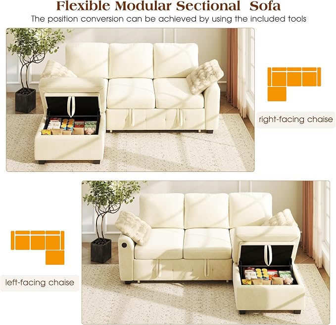 Ihanherry Modular Convertible Sectional Sofa Bed, Reversible Chaise & Storage - Image 4