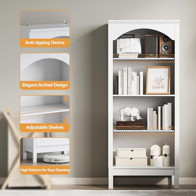 Arched Bookshelf with 4 Tier Open Shelves, Study and Living Room, Modern White - Image 5