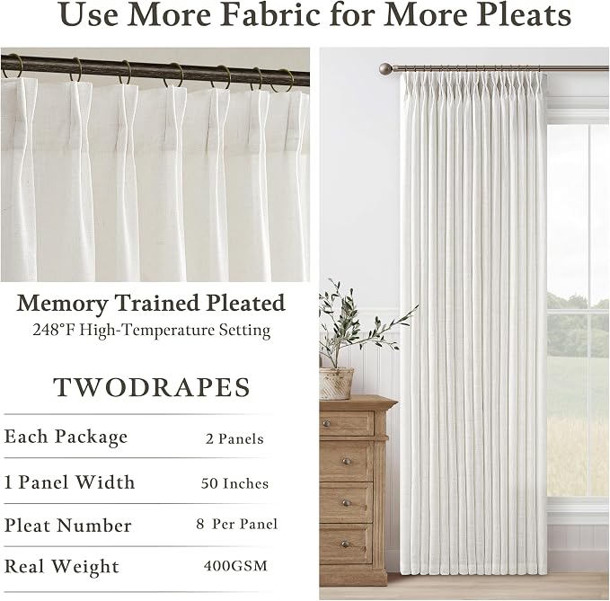 Pleated Semi Sheer Light Filtering Linen Beige Curtains 108 Inches Long | White - Image 4