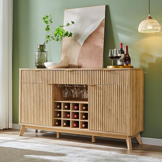 OKD Fluted Wine Bar Cabinet, 3 Drawers, 4 Glass Holders & 12 Wine Racks by OKD