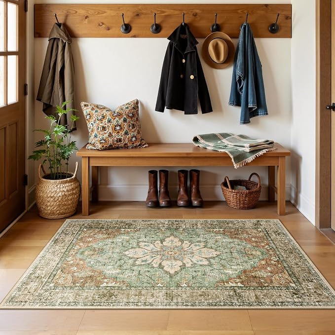 RELEANY Washable Area Rug, Brick/Brown/Green | Non-Slip, Water Repellent - Image 3