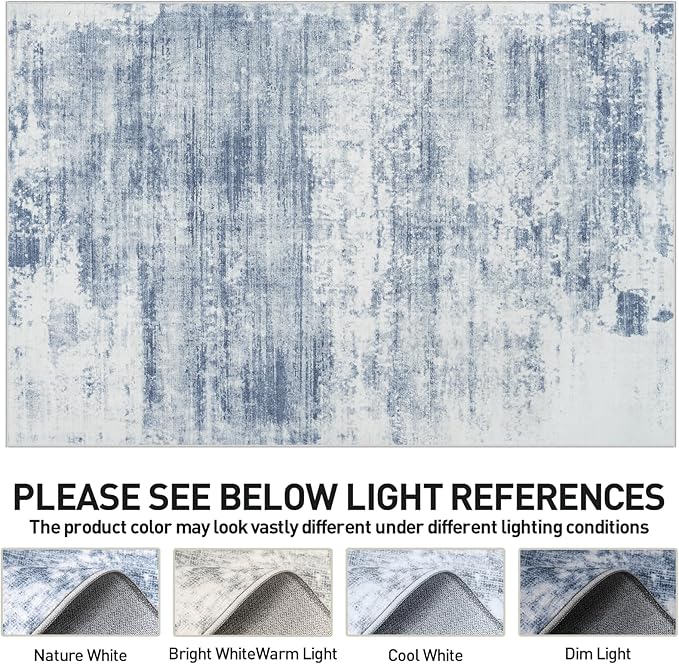 6x9 Area Rugs for Living Room: Washable Abstract Blue White Badroom Carpet | - Image 7