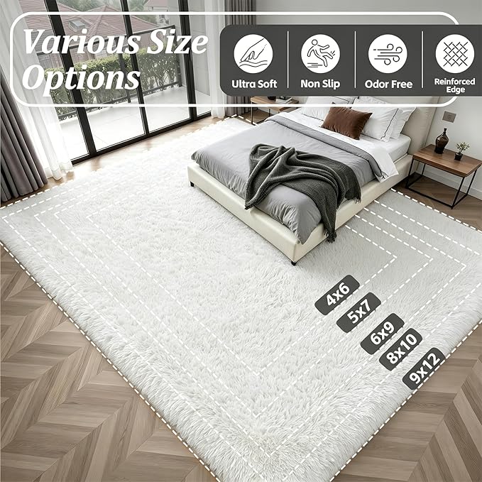 9x12 Area Rug Living Room Bedroom: Fluffy Plush Shag Carpet Ivory | - Image 9
