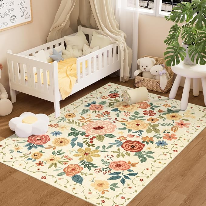 DUKINO 4x6 Area Rug, Floral Washable Office Chair Rug Non Slip Beige Yellow | by DUKINO