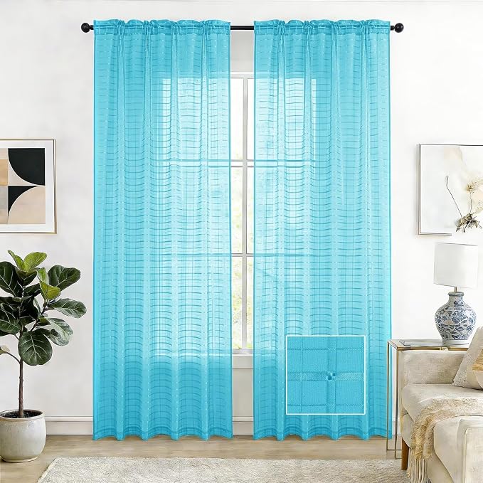 SpaceDresser Check Sheer Curtains 84 Inches Long by SpaceDresser