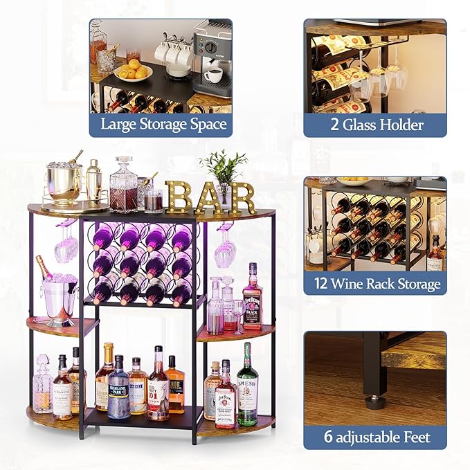 JKsmart Wine Bar Cart with LED Lights, Mini Wine Rack with Storage and Glass - Image 5