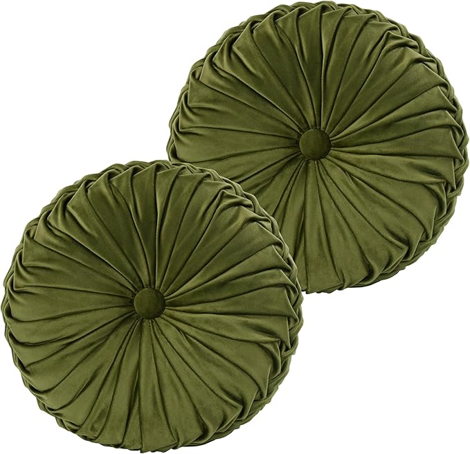 HIG Set of 2 Olive Velvet Decorative Round Pleated Throw Pillows | Vintage by HIG