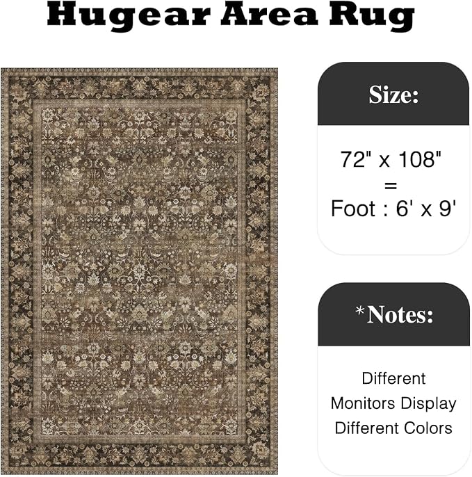 6x9 Brown Vintage Floral Washable Area Rug - Image 2