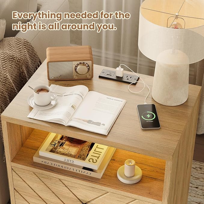 Modern Nightstand with Charging Station, LED Bedside Table with 2 Storage - Image 8