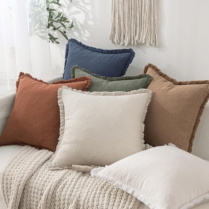 MIULEE Linen Fringe Decorative Euro Throw Pillow Covers Indigo Blue 26x26 | Set - Image 2
