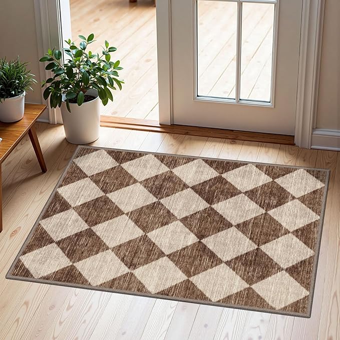 Front Door Rug - 2x3 Brown Beige Checkered Diamond Entry Rug | Non-Slip by Othilic