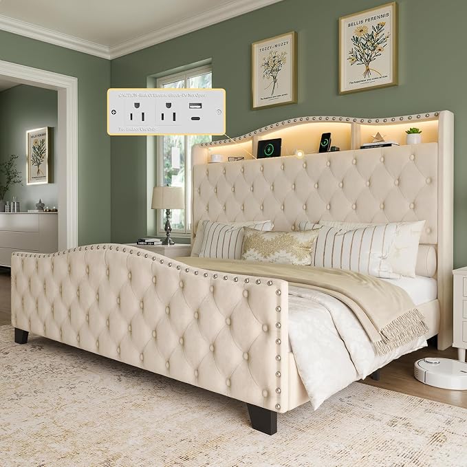 Belffin King Size Bed Frame and Headboard, 50.9" Velvet Upholstered Wingback by Belffin