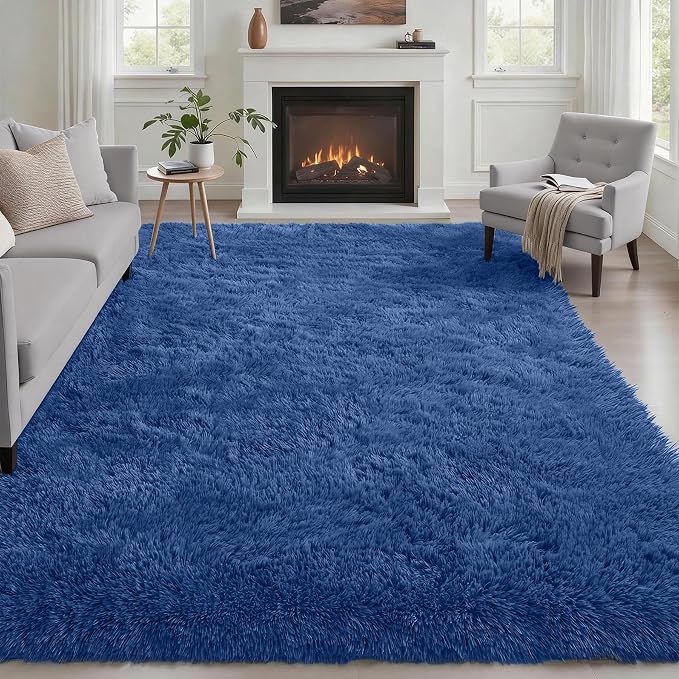 Area Rug Living Room Bedroom: 6x9 Fluffy Plush Shag Carpet Blue | by Luxturiy