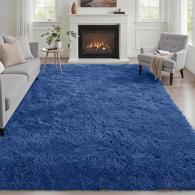 Area Rug Living Room Bedroom: 4x6 Fluffy Plush Shag Carpet Blue | by Luxturiy