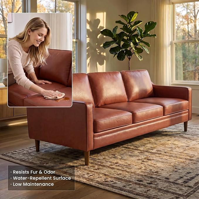 Kingfun 80" Faux Leather Sofa, 3 Seater Couch, Mid Century Modern Couches - Image 3
