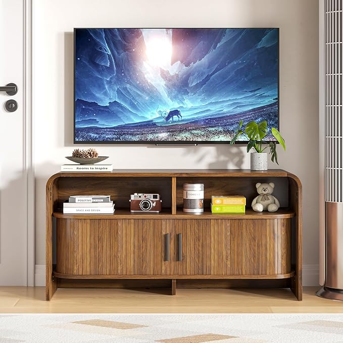 Small TV Stand for Bedroom, Low Fluted TV Console for 40 43 Inch, Mid Century by Woemtoric