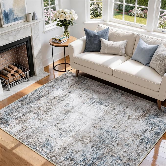 6x9 Area Rugs for Living Room Washable Bedroom Dining Room Brown Blue | Modern - Image 9
