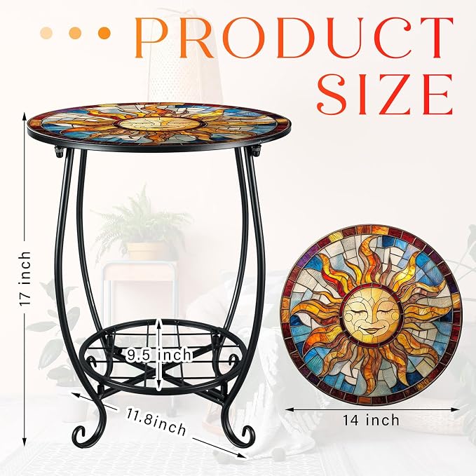 Cinnvoice Outdoor Side Table Round Small Mosaic Patio Accent Indoor End Plant - Image 3