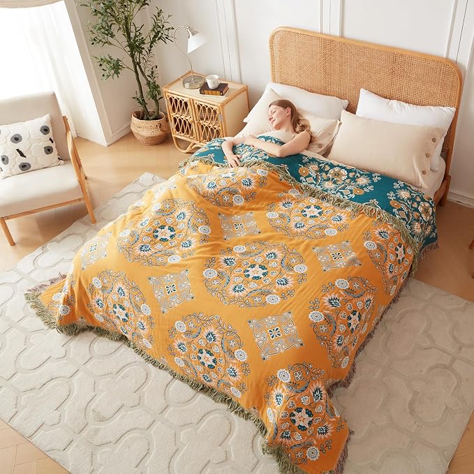 LUTBM Boho Throw Blanket for Bed 100% Cotton Soft Lightweight Quilt Reversible - Image 8
