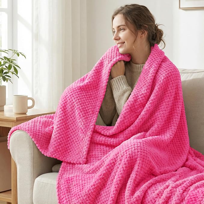 Exclusivo Mezcla Soft Waffle Fleece Bed Blanket Twin XL Size, Hot Pink | - Image 2