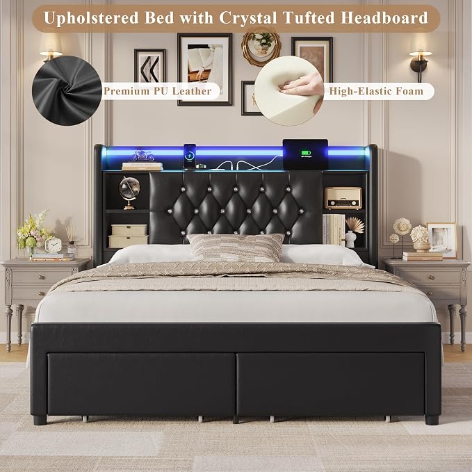 Full Bed Frame with Drawers, Hidden-Cubby & Shelves Storage Headboard with - Image 7