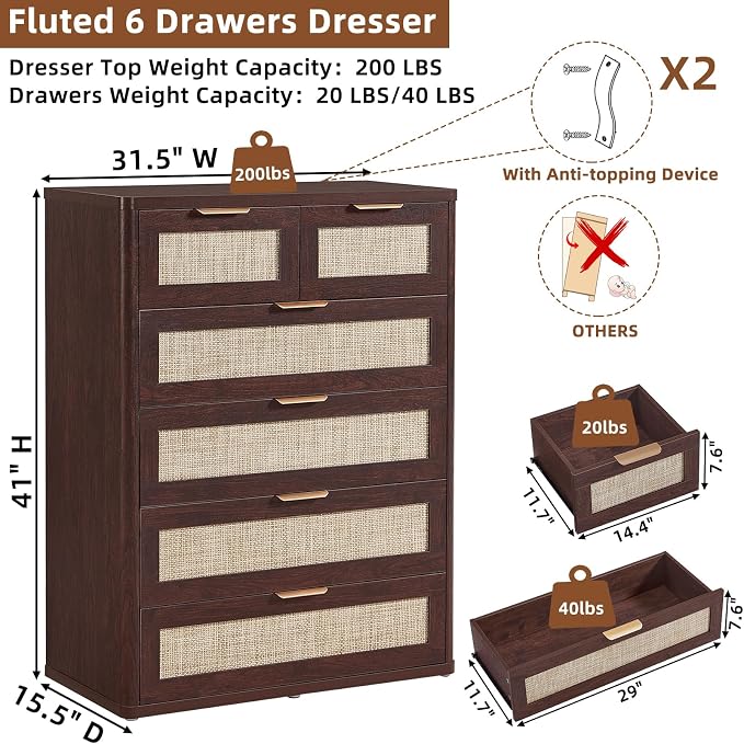 LEYAOYAO Dresser for Bedroom, Modern 6 Drawers Boho Rattan Dressers - Image 6
