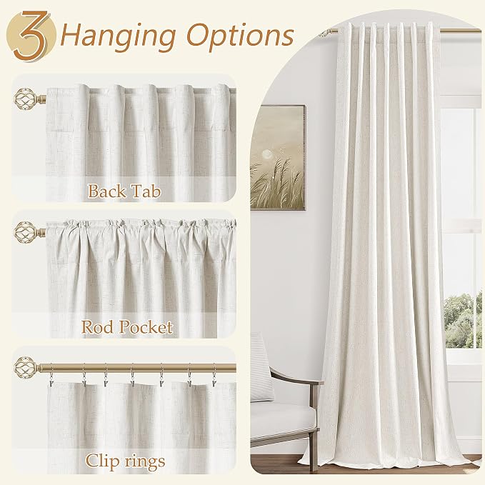 Beige White 100% Blackout Linen Curtains 110 Inch Length 2 Panels Set - Image 5